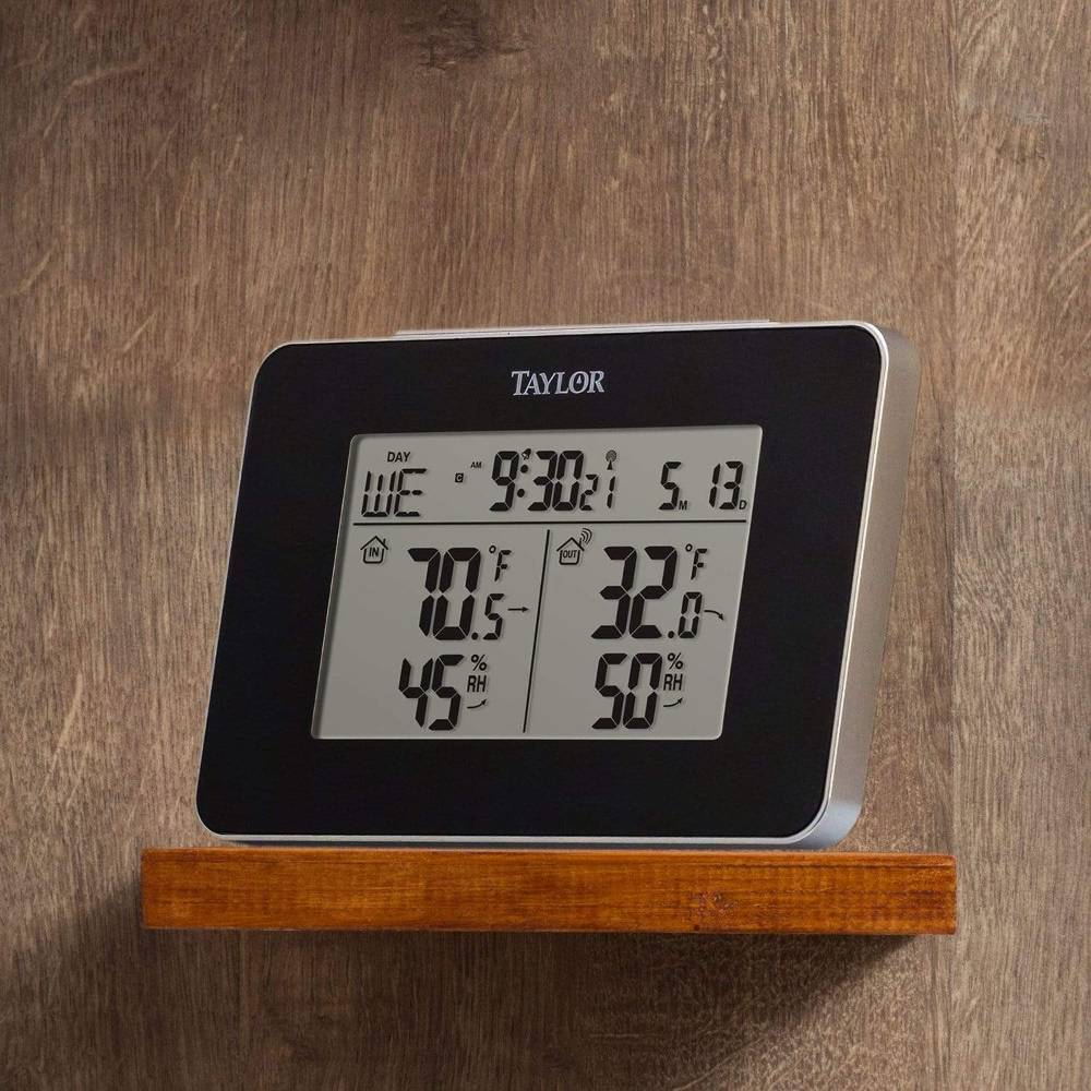 Compact digital weather station displaying indoor and outdoor temperature and humidity readings with time, date, and alarm clock, ideal for Home & Decor, Household Helpers, and Best Sellers collections.
