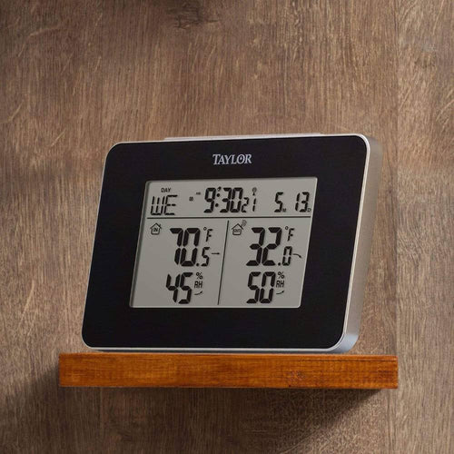 Compact digital weather station displaying indoor and outdoor temperature and humidity readings with time, date, and alarm clock, ideal for Home & Decor, Household Helpers, and Best Sellers collections.