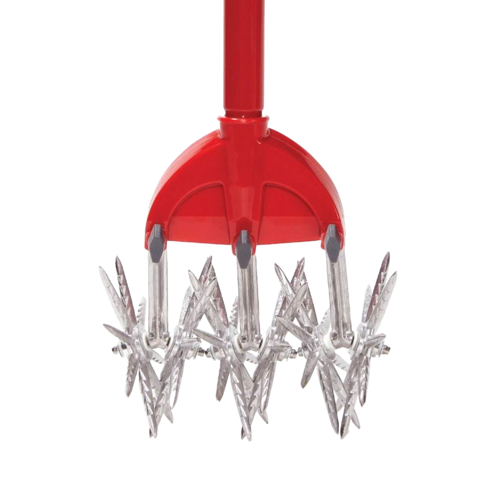 Close-up of the Original Garden Weasel's rust-proof, serrated steel tines with a red comfort-grip handle, designed for efficient soil loosening and weed removal, featured in Farm, Garden & Tool and Digging and Cultivating collections.