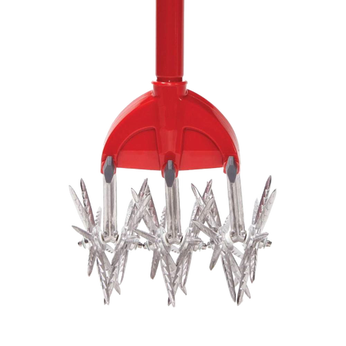 Close-up of the Original Garden Weasel's rust-proof, serrated steel tines with a red comfort-grip handle, designed for efficient soil loosening and weed removal, featured in Farm, Garden & Tool and Digging and Cultivating collections.