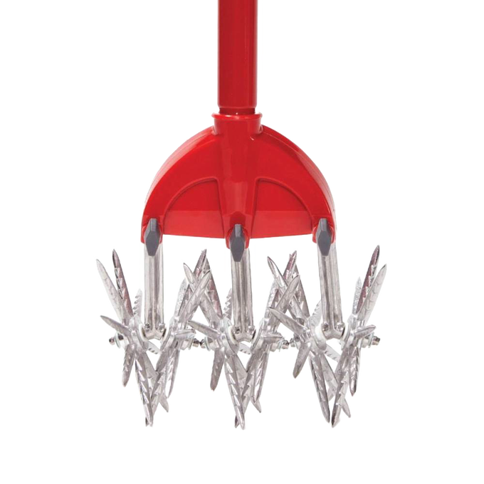 Close-up of the Original Garden Weasel's rust-proof, serrated steel tines with a red comfort-grip handle, designed for efficient soil loosening and weed removal, featured in Farm, Garden & Tool and Digging and Cultivating collections.