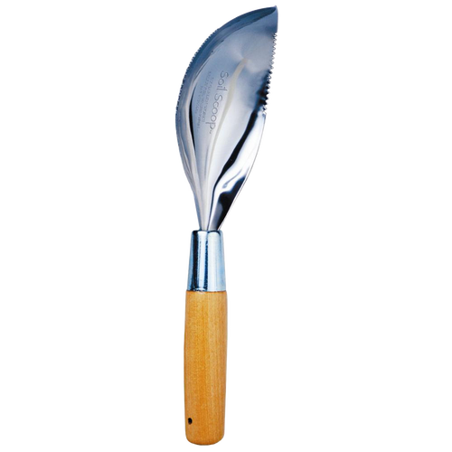 Handcrafted soil scoop garden tool with ergonomic wooden handle and polished metal scoop, designed for efficient digging and cultivating, part of Farm, Garden & Tool, USA Made, and Best Sellers collections.