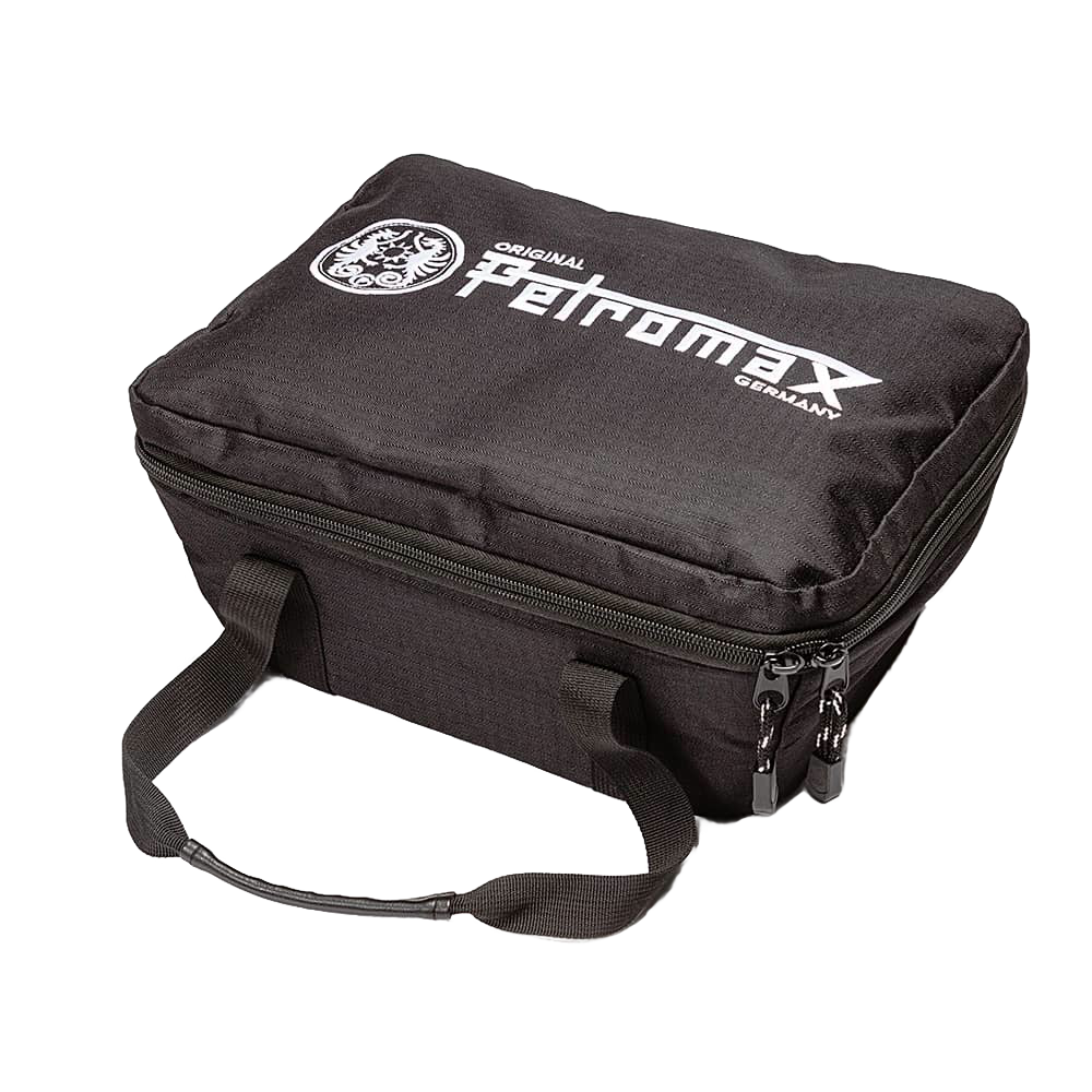 Black durable transport bag with zippered closure and handles, designed for safely carrying loaf pans, ideal for camping, farm, garden, bread making supplies, and promo collections.