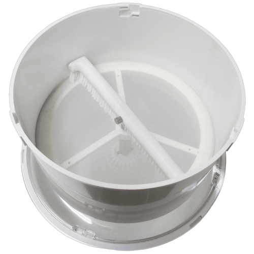 White plastic flour sifter attachment with fine mesh and rotating brush, compatible with stand mixers, ideal for Kitchen Gadgets, Baking Supplies, and Bread Making collections.