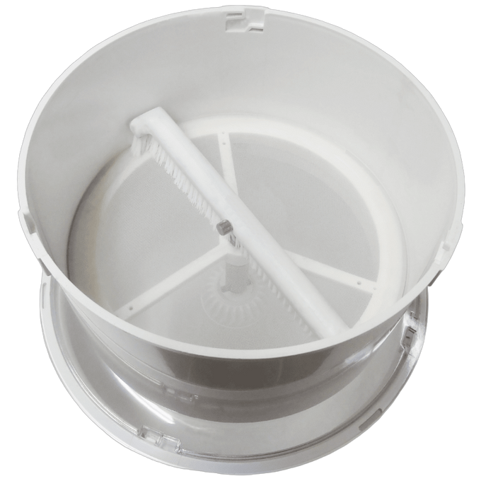 White plastic flour sifter attachment with fine mesh and rotating brush, compatible with stand mixers, ideal for Kitchen Gadgets, Baking Supplies, and Bread Making collections.