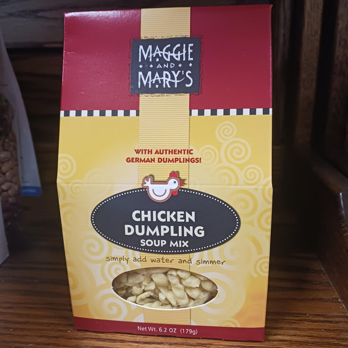 Box of Chicken Dumpling soup mix featuring authentic German dumplings, with bright red and yellow packaging, ideal for Kitchen & Food, Dry Goods and Soups, USA Made and Best Sellers collections.