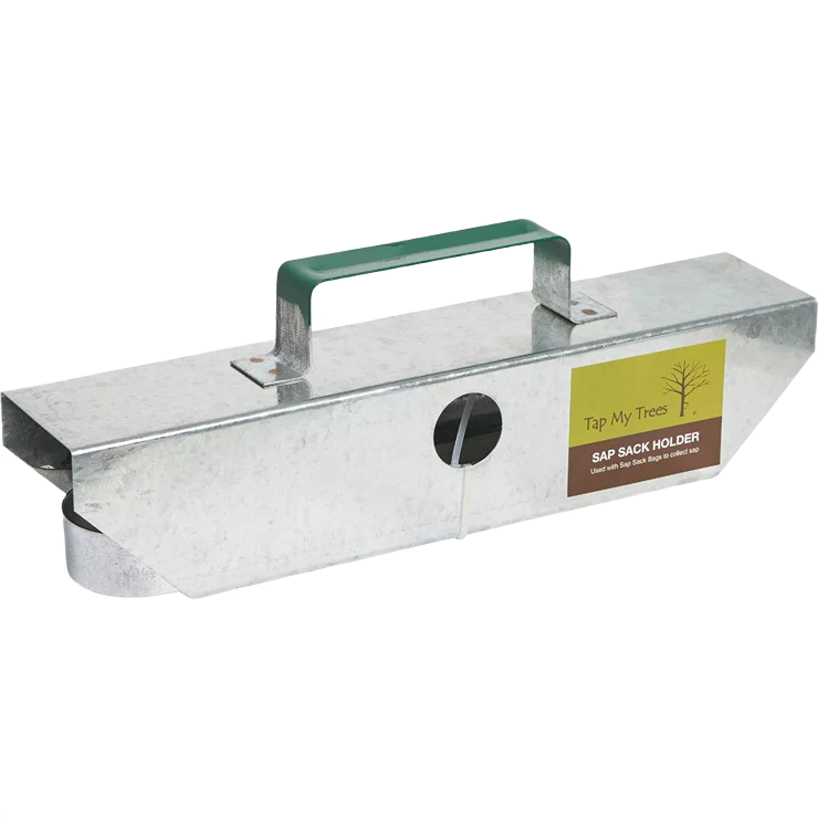 Galvanized metal sap bag holder with green handle, designed for securing maple sap bags, handcrafted and made in USA, ideal for farm, orchard, and maple sugaring supplies collections.