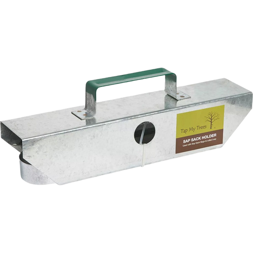 Galvanized metal sap bag holder with green handle, designed for securing maple sap bags, handcrafted and made in USA, ideal for farm, orchard, and maple sugaring supplies collections.