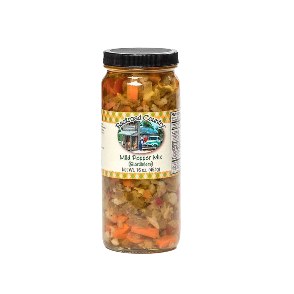 Glass jar of handcrafted mild pepper mix featuring a colorful blend of chopped vegetables, made in USA, ideal for Kitchen & Food, Pantry, and Best Sellers collections at Lehman’s.
