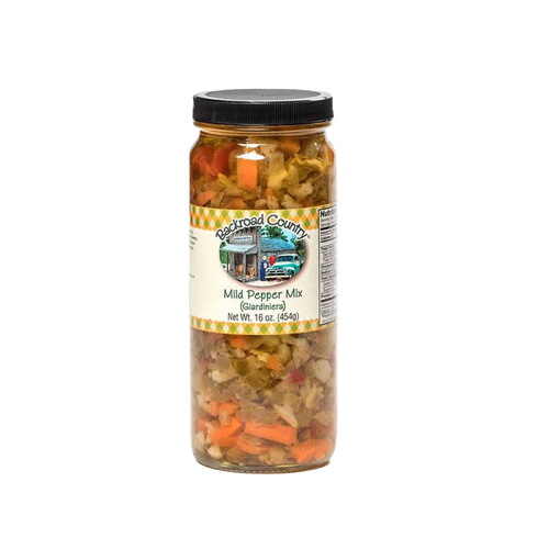 Glass jar of handcrafted mild pepper mix featuring a colorful blend of chopped vegetables, made in USA, ideal for Kitchen & Food, Pantry, and Best Sellers collections at Lehman’s.