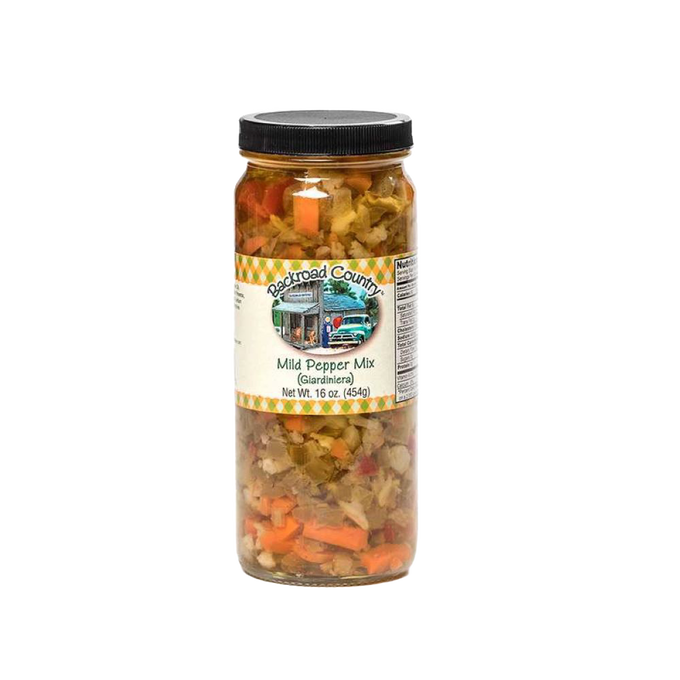 Glass jar of handcrafted mild pepper mix featuring a colorful blend of chopped vegetables, made in USA, ideal for Kitchen & Food, Pantry, and Best Sellers collections at Lehman’s.