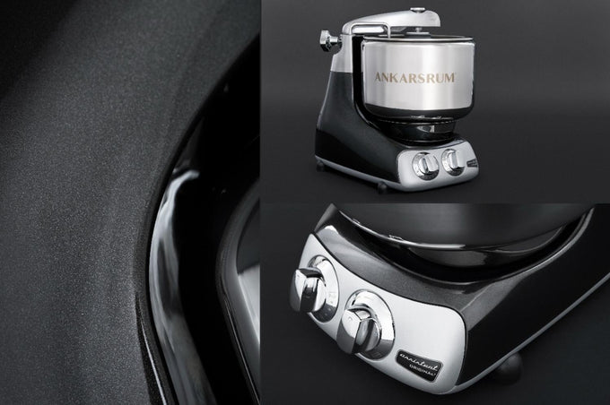 Glossy black and polished stainless steel stand mixer with a rotating bowl and dual control knobs, designed for professional baking in Kitchen & Food and Baking Supplies collections.