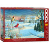 Jigsaw puzzle featuring a winter landscape with northern cardinals perched among snow-covered trees and traditional homes, made in USA and part of Toys, Books & Games collections.