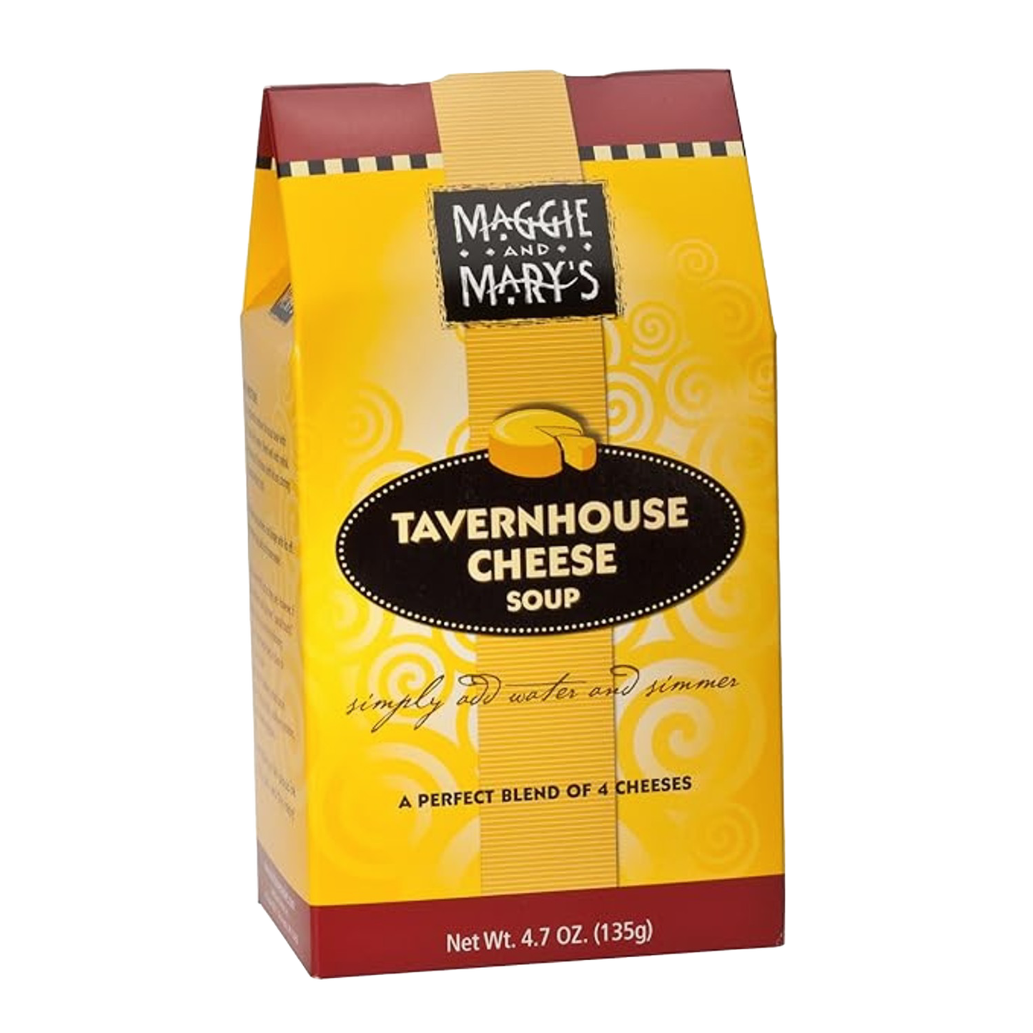 Bright yellow and red package of Maggie and Mary's handcrafted Tavernhouse Cheese soup mix, made in USA, ideal for Kitchen & Food, Dry Goods and Mixes, Soups, Best Sellers, and Promo Eligible collections.