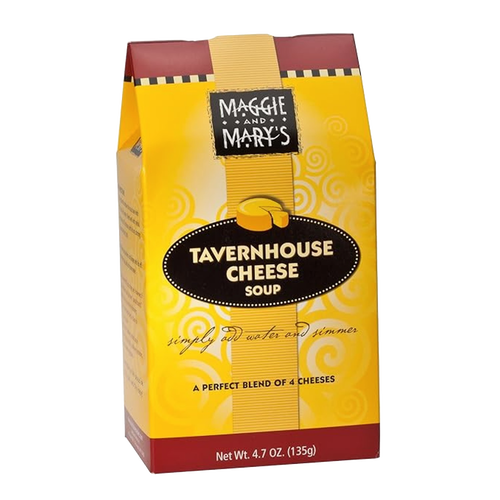 Bright yellow and red package of Maggie and Mary's handcrafted Tavernhouse Cheese soup mix, made in USA, ideal for Kitchen & Food, Dry Goods and Mixes, Soups, Best Sellers, and Promo Eligible collections.