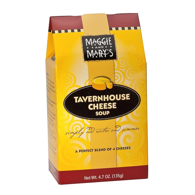 Bright yellow and red package of Maggie and Mary's handcrafted Tavernhouse Cheese soup mix, made in USA, ideal for Kitchen & Food, Dry Goods and Mixes, Soups, Best Sellers, and Promo Eligible collections.