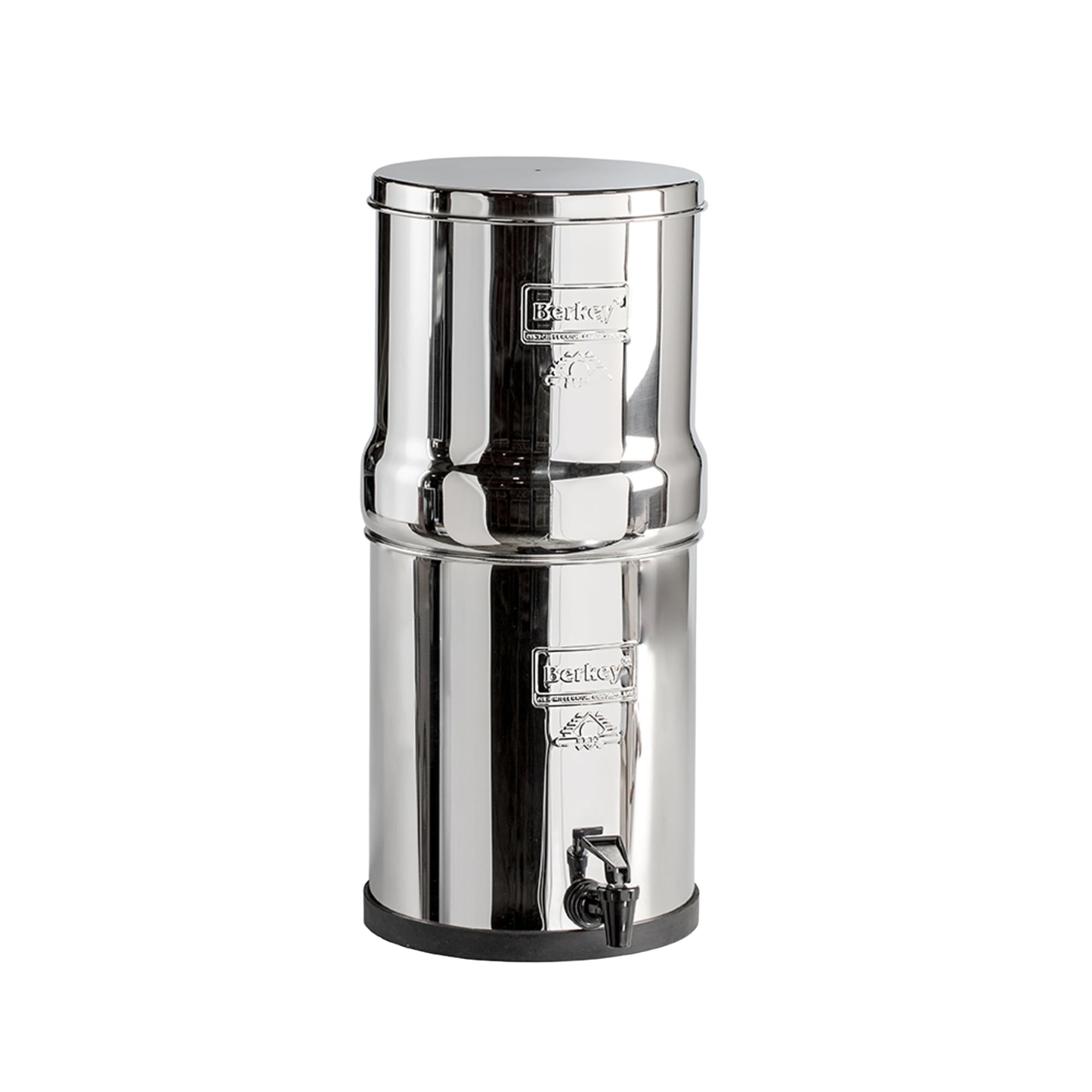 Polished stainless steel water filtration system with two stacked chambers and spigot, perfect for home and homesteading use, featured in farm, garden, and appliances collections.