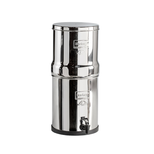 Polished stainless steel water filtration system with two stacked chambers and spigot, perfect for home and homesteading use, featured in farm, garden, and appliances collections.