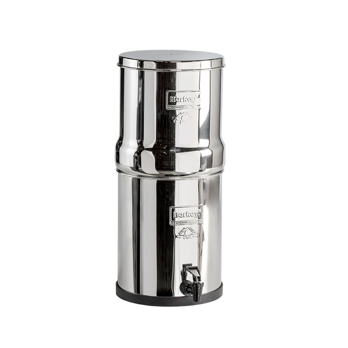 Polished stainless steel water filtration system with two stacked chambers and spigot, perfect for home and homesteading use, featured in farm, garden, and appliances collections.