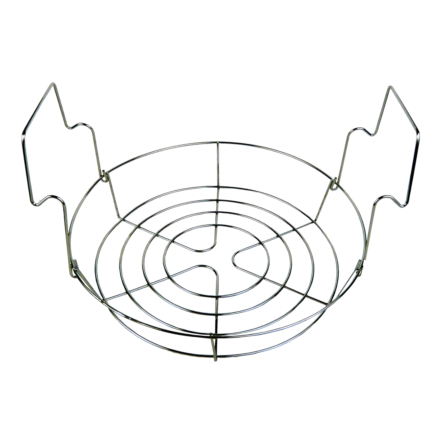 Chrome-finished wire rack with contoured handles designed to elevate jars inside a stainless steel canner, ideal for food preservation and canning accessories collections.