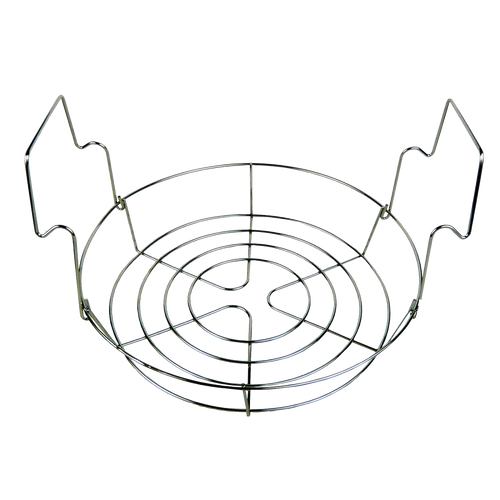 Chrome-finished wire rack with contoured handles designed to elevate jars inside a stainless steel canner, ideal for food preservation and canning accessories collections.