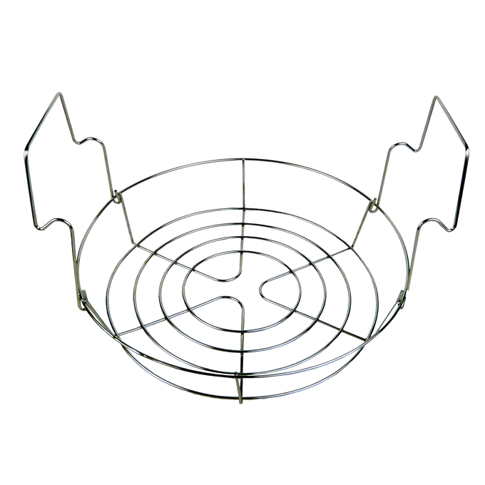 Chrome-finished wire rack with contoured handles designed to elevate jars inside a stainless steel canner, ideal for food preservation and canning accessories collections.