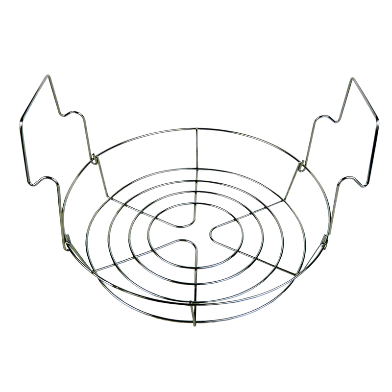Chrome-finished wire rack with contoured handles designed to elevate jars inside a stainless steel canner, ideal for food preservation and canning accessories collections.