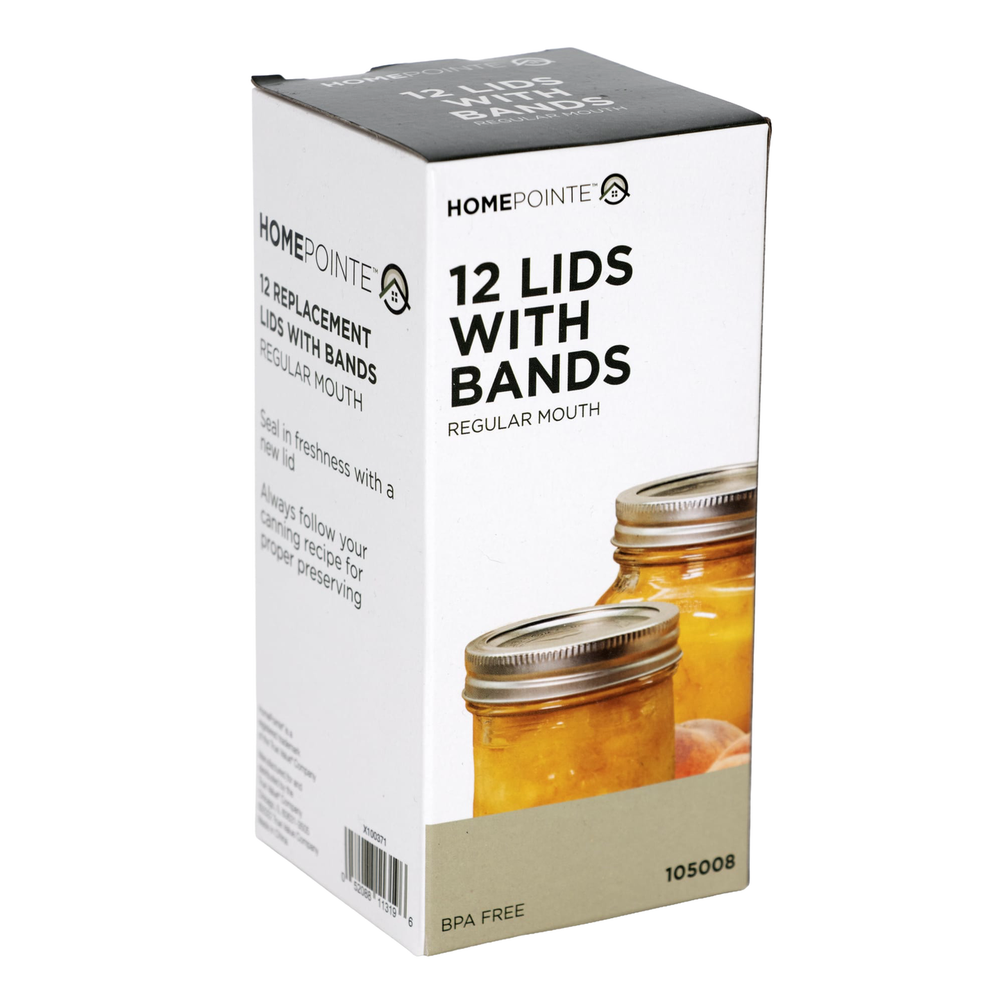 Box containing 12 replacement regular-mouth jar lids and bands with BPA-free sealing compound, shown with jars of preserved fruit, ideal for Kitchen & Food and Food Preservation collections.