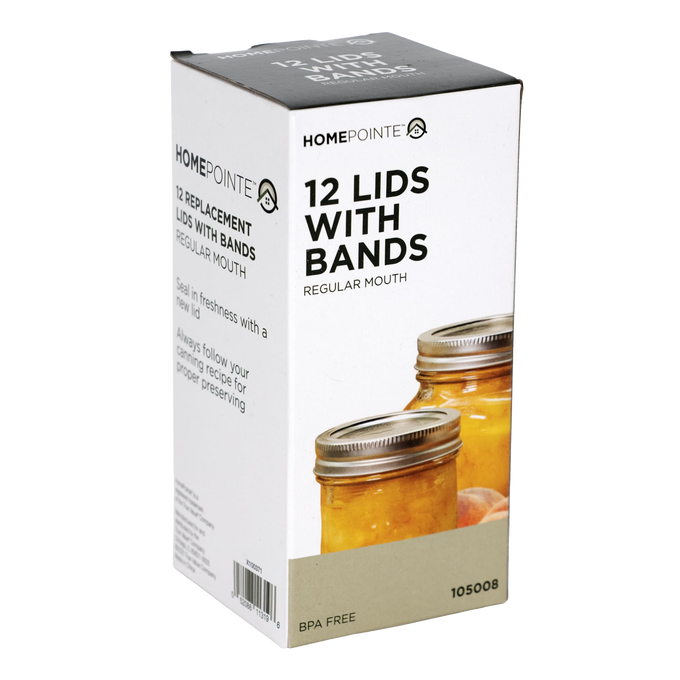 Box containing 12 replacement regular-mouth jar lids and bands with BPA-free sealing compound, shown with jars of preserved fruit, ideal for Kitchen & Food and Food Preservation collections.