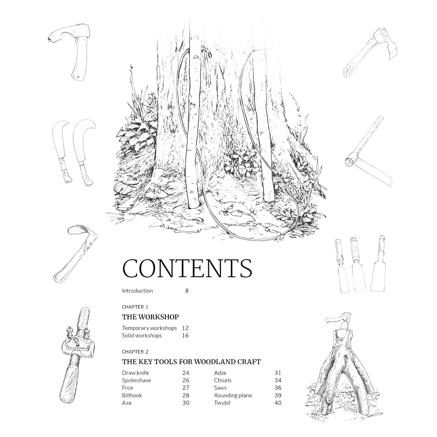 Black and white illustration of a large tree stump surrounded by various hand tools and woodworking devices, representing traditional woodland craft techniques from a how-to book in Toys, Books & Games and Home and Garden collections.