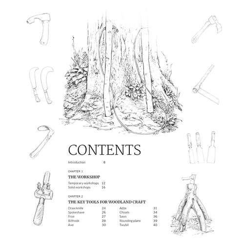 Black and white illustration of a large tree stump surrounded by various hand tools and woodworking devices, representing traditional woodland craft techniques from a how-to book in Toys, Books & Games and Home and Garden collections.