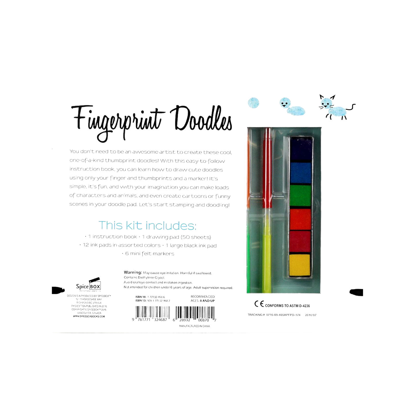 Packaging of a fingerprint doodle craft kit with colorful ink pads and markers, promoting creative, hands-on art activities for children in Toys, Books & Games and Arts and Crafts collections.