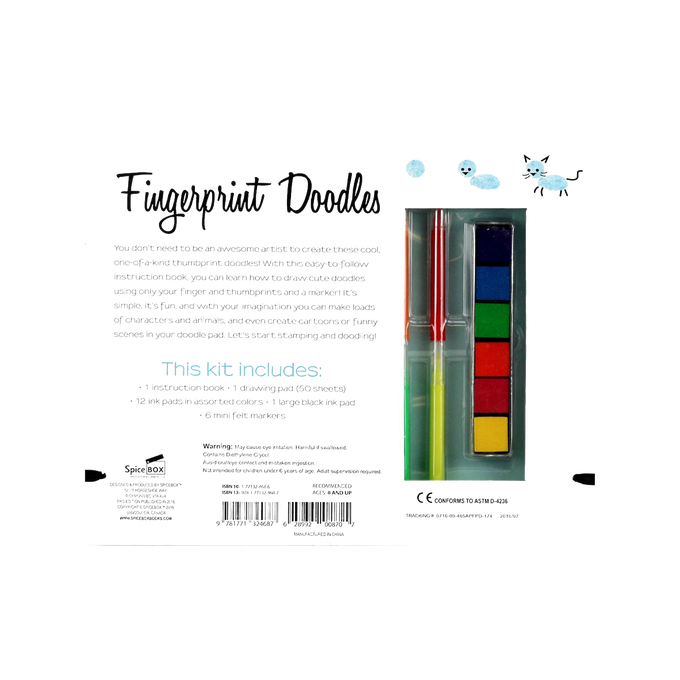 Packaging of a fingerprint doodle craft kit with colorful ink pads and markers, promoting creative, hands-on art activities for children in Toys, Books & Games and Arts and Crafts collections.