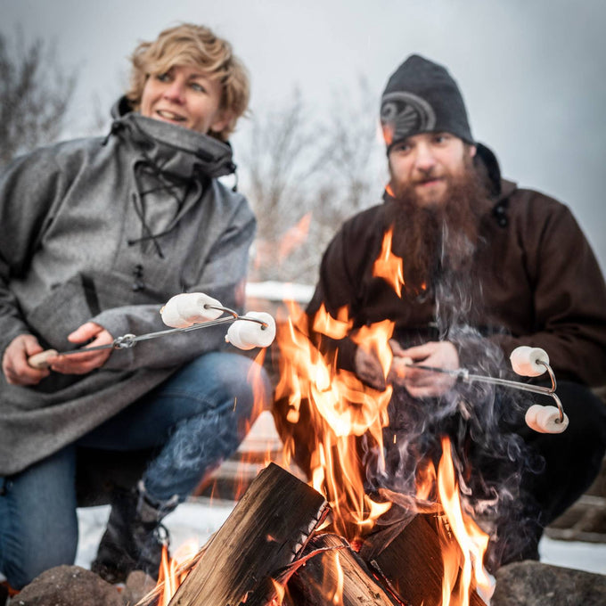 Unique handcrafted campfire skewers with adjustable handles roasting marshmallows over an open fire, ideal for Farm, Garden & Tool, Camping, Best Sellers, and Promo Eligible collections.