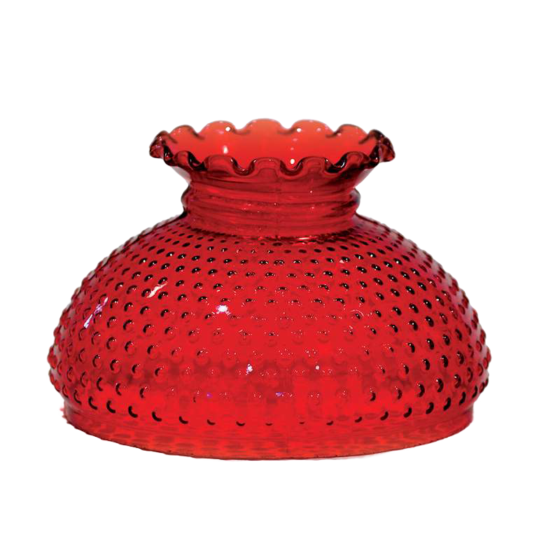 Rich cranberry-colored hobnail glass lamp shade with scalloped edge, handcrafted for use with oil lamps, featured in Lamps & Lighting, Parts and Accessories, and Lamp Shades collections.
