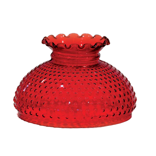 Rich cranberry-colored hobnail glass lamp shade with scalloped edge, handcrafted for use with oil lamps, featured in Lamps & Lighting, Parts and Accessories, and Lamp Shades collections.