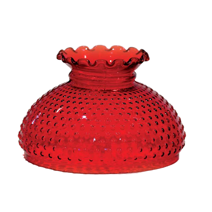 Rich cranberry-colored hobnail glass lamp shade with scalloped edge, handcrafted for use with oil lamps, featured in Lamps & Lighting, Parts and Accessories, and Lamp Shades collections.
