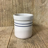 Handmade stoneware crock with double blue stripes, lead-free and dishwasher safe, crafted in USA for kitchen use, fermenting, and food preservation.