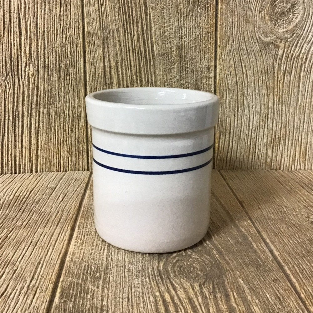 Handmade stoneware crock with double blue stripes, lead-free and dishwasher safe, crafted in USA for kitchen use, fermenting, and food preservation.