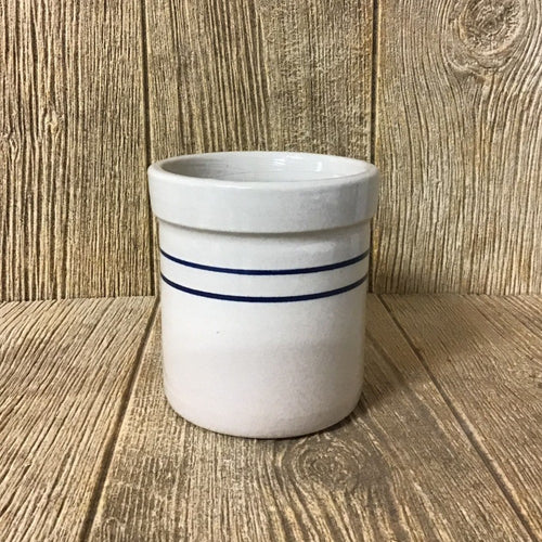 Handmade stoneware crock with double blue stripes, lead-free and dishwasher safe, crafted in USA for kitchen use, fermenting, and food preservation.