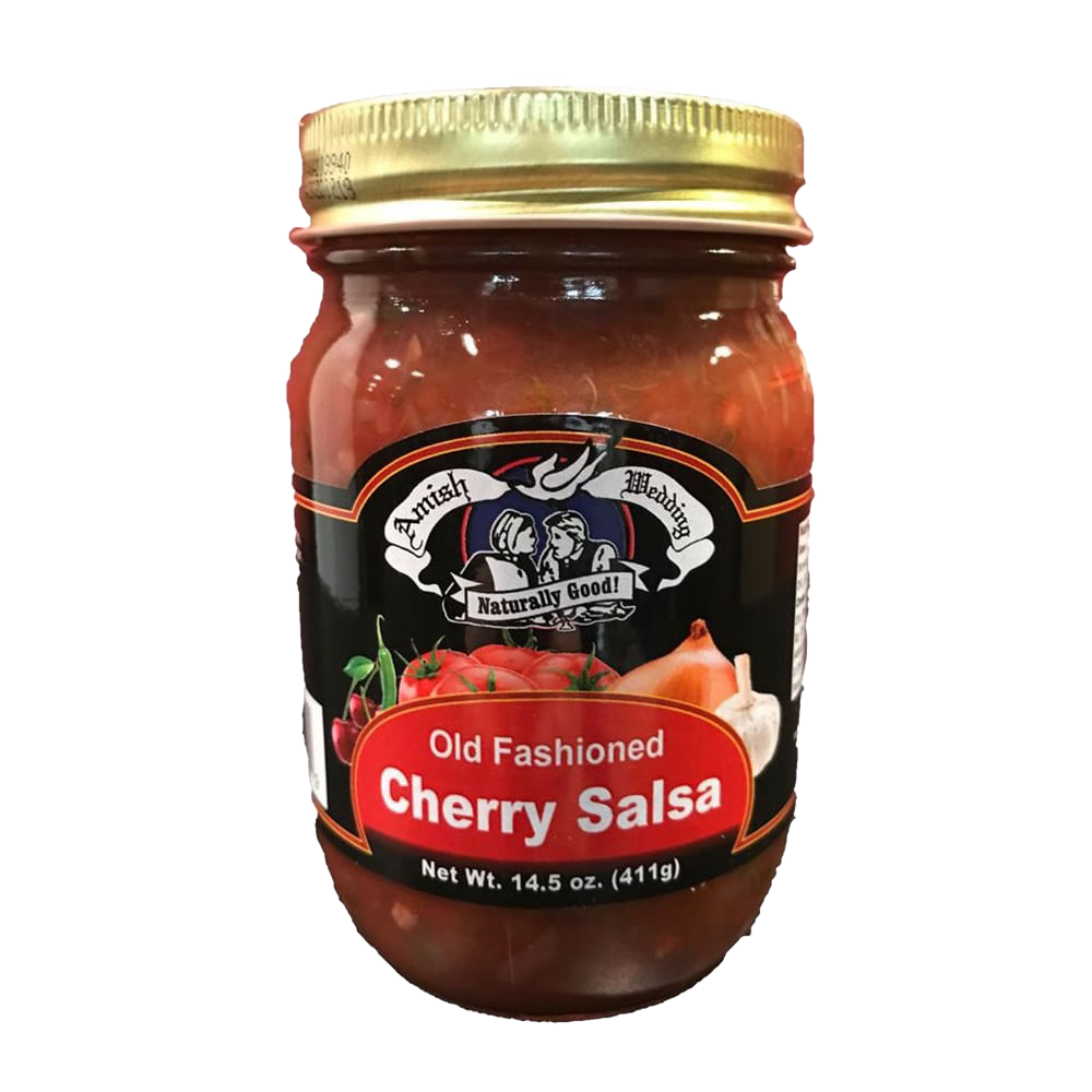 Jar of handcrafted Amish-style cherry salsa with kettle-cooked thick, chunky texture, made in the USA, ideal for Kitchen & Food, Snacks and Sweets, Pantry, and Best Sellers collections.