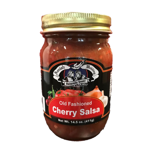 Jar of handcrafted Amish-style cherry salsa with kettle-cooked thick, chunky texture, made in the USA, ideal for Kitchen & Food, Snacks and Sweets, Pantry, and Best Sellers collections.