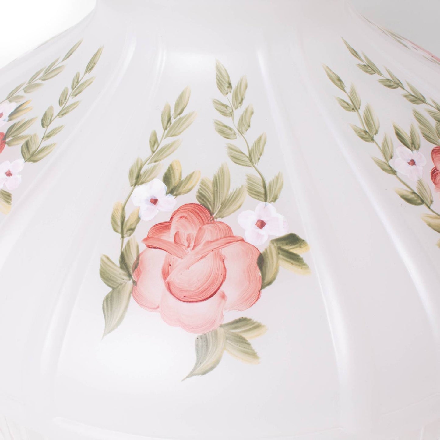 Handcrafted glass lamp shade with soft white finish featuring delicate red roses and green leaves, designed to enhance oil lamps, ideal for Lamps & Lighting, Parts and Accessories, Lamp Shades, Best Sellers, and Promo Eligible collections.