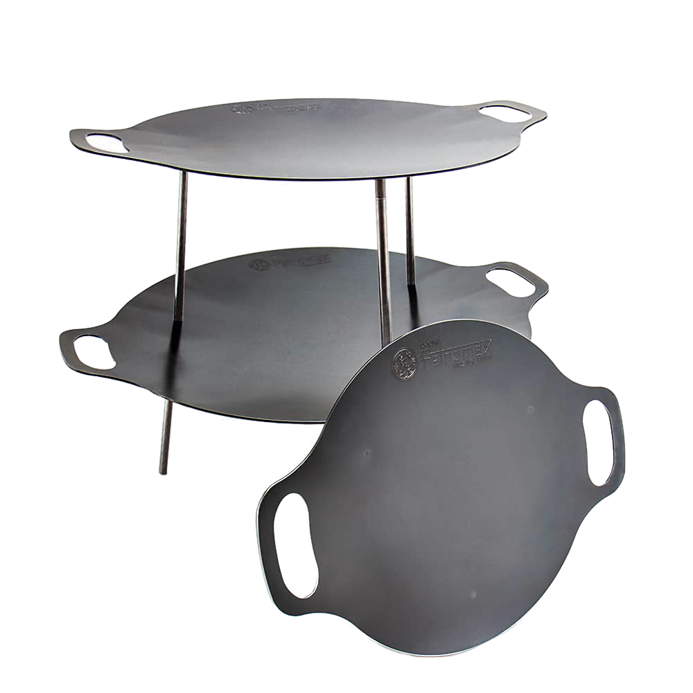 Two-tier steel griddle and fire bowl set with integrated handles and detachable legs, designed for stable outdoor cooking, ideal for Farm, Garden & Tool, Camping, Best Sellers, and Promo Eligible collections.
