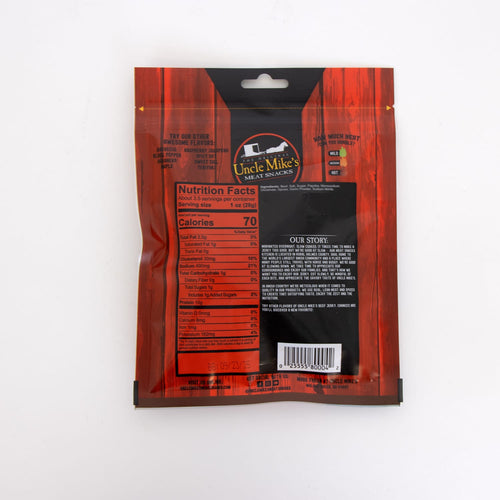 Rear view of a red resealable package of Traditional Beef Jerky showing nutrition facts and product story, highlighting a high-protein snack from USA Made, Kitchen & Food, and Best Sellers collections.