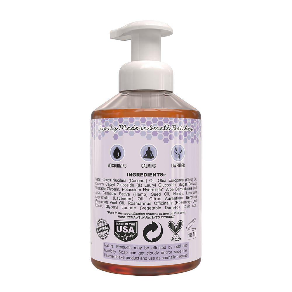 Back label of a 16 fl oz pump bottle of moisturizing foaming hand soap made in small batches in the USA, featuring calming lavender and natural ingredients, ideal for Health & Wellness and Soaps collections.