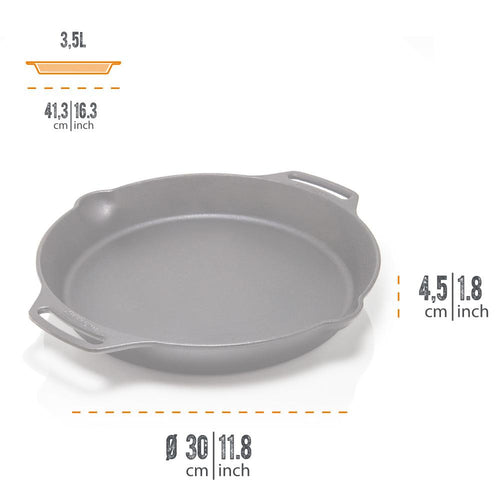Handcrafted cast iron skillet with two side handles and a small pouring lip, measuring 30 cm in diameter and 4.5 cm deep, perfect for farm, kitchen, camping, cookware, and cast iron collections.