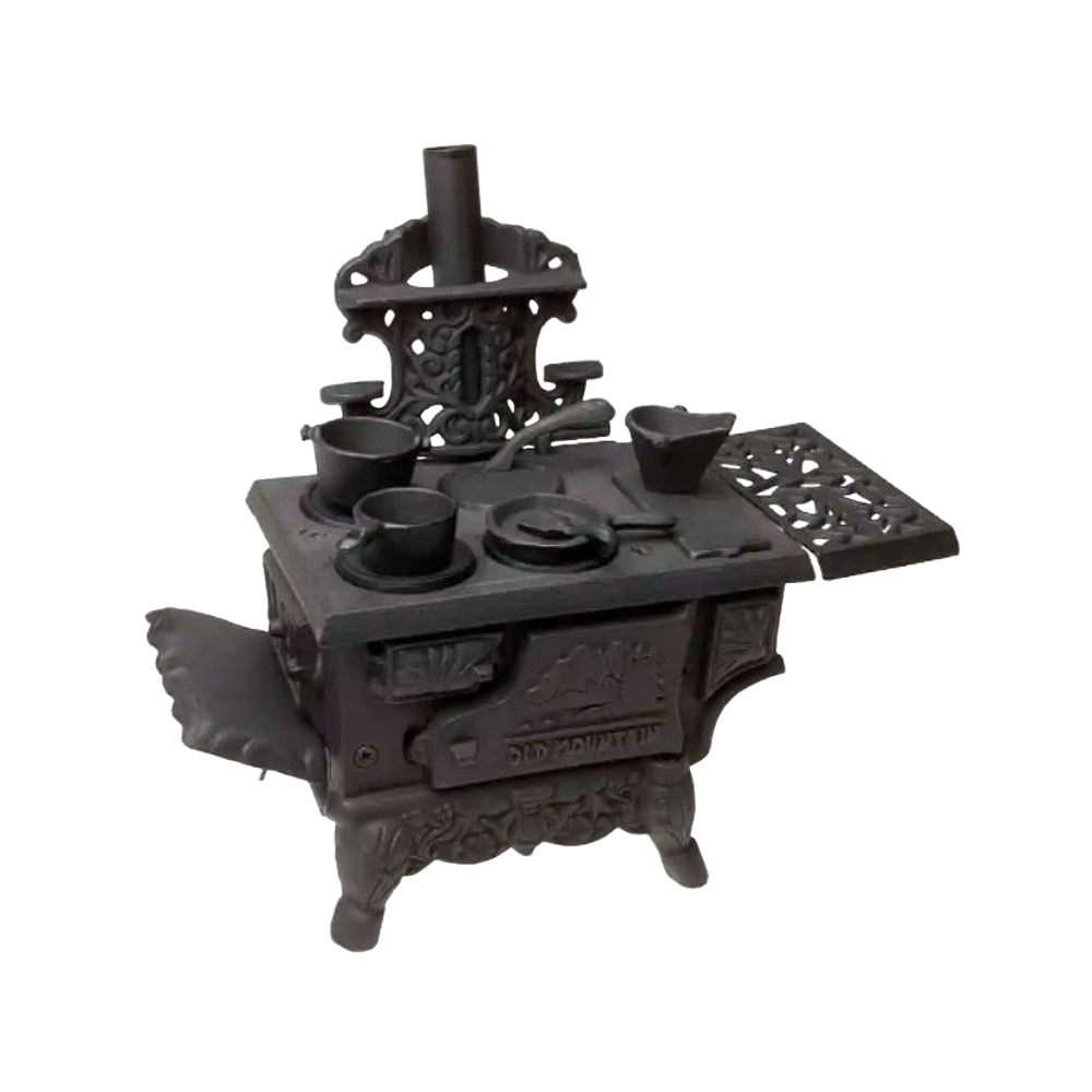 Handcrafted miniature cast iron wood cook stove with detailed removable pots, skillet, coal hod, and working oven doors, perfect for Toys, Children's Indoor Play, and Best Sellers collections.
