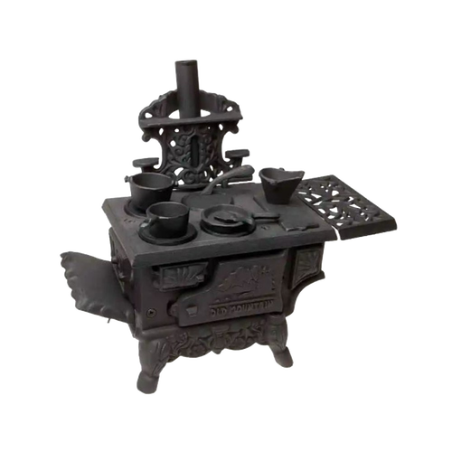 Handcrafted miniature cast iron wood cook stove with detailed removable pots, skillet, coal hod, and working oven doors, perfect for Toys, Children's Indoor Play, and Best Sellers collections.