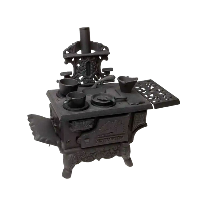 Handcrafted miniature cast iron wood cook stove with detailed removable pots, skillet, coal hod, and working oven doors, perfect for Toys, Children's Indoor Play, and Best Sellers collections.